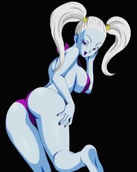 1girls :d angel angel_(dragon_ball) ass bare_legs blue_skin dragon_ball dragon_ball_super feet female female_only looking_at_viewer marcarita micro_bikini panties purple_bra purple_eyes purple_panties simple_background smile solo twintails white_hair