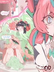1boy 1girls 3girls absurdres after_sex angels_of_delusion aria_(zenless_zone_zero) aria_(zenless_zone_zero)_(human_form) asking_for_it asking_for_sex bdsm blue_eyes bondage bound caught caught_in_the_act dialogue english_text face_down_ass_up floweryie22 green_eyes grey_hair highres light-skinned_male light_skin nangong_yu_(zenless_zone_zero) non-web_source pale-skinned_female pale_skin pink_hair self-upload side_ponytail sunna_(zenless_zone_zero) sweatdrop text twintails two-tone_hair voyeur wise_(zenless_zone_zero) younger_female zenless_zone_zero