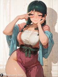 1girls ai_generated ass big_ass big_breasts big_butt big_thighs breasts embarrassed embarrassed_female female female_on_cloth female_only grabbing grabbing_thighs green_hair kusuriya_no_hitorigoto lewder light-skinned_female long_hair maomao_(kusuriya_no_hitorigoto) offscreen_character shortstack smile smiley_face smiling sole_female standing thick vaginal_penetration voluptuous voluptuous_body voluptuous_female wide_ass wide_hipped_female wide_hips