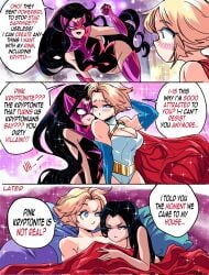 2girls 3koma after_sex black-haired_female black_hair black_hair_female black_leotard black_lips black_lipstick black_text blonde-haired_female blonde_female blonde_hair blonde_hair_female blue_eyes blue_gloves blush blush_lines blushing_at_another blushing_at_partner blushing_at_viewer blushing_female blushing_profusely breasts cape carol_ferris cleavage cleavage_cutout cleavage_dress cleavage_focus clothed clothed_female clothing comic dc dc_all-in dc_comics dcau dialogue domino_mask duo duo_female duo_focus elbow_gloves eye_mask eyemask gloves green_lantern_(series) grs- highleg highleg_leotard justice_league justice_league_unlimited karen_starr large_breasts leotard long_hair mask motion_lines multiple_females multiple_girls pillow pink_eyes pink_gloves pink_kryptonite pout power_girl red_cape red_sheets red_text short_hair speech speech_bubble speech_bubbles speed_lines star_sapphire_(dc) superhero superhero_costume superheroine superheroine_costume superman_(series) text text_box text_bubble under_cover under_covers under_covers_sex undercleavage undercover undercovers very_long_hair warner_bros warner_brothers white_leotard wholesome yuri