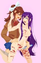 2girls axellavec2l blood blood_drip blood_splatter brown_hair cut cutting doki_doki_literature_club eye_contact female female_only guro knife_play long_hair masochism masochist monika_(doki_doki_literature_club) naked naked_female purple_hair scar scars_all_over scars_on_body scars_on_legs wounded yuri yuri_(doki_doki_literature_club)