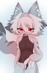 anthro aquatic blush clothed clothing clothing_pull fangs female fish genitals grey_body hi_res panties shaking shark solo teeth trembling undershirt_only underwear underwear_pull vulva yiyi