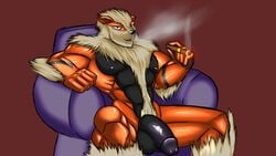 1boy 2013 5_fingers abs anthro arcanine balls bedroom_eyes biceps big_balls big_muscles big_penis black_fur canine casual_nudity chair chest_tuft cigar circumcised fur green_eyes half-closed_eyes inviting looking_at_viewer male male_only mammal manly multicolored_fur muscular muscular_male nintendo orange_fur pecs penis pokemon pokemon_(species) pubes quads renthedragon seductive simple_background sitting smoking solo tuft two_tone_fur video_games