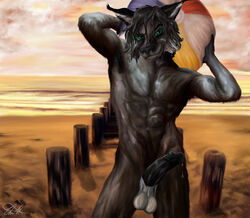 2015 5_fingers abs anthro athletic ball balls beach beach_ball black_nose black_penis brown_fur brown_hair erection eyebrows feline fur green_eyes hair holding_object humanoid_penis hybrid killian killianwalker looking_at_viewer lynx male male_only mammal muscular nude penis pose precum sand seaside seductive sky smile smirk solo standing sunset water