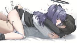 1boy bar_censor black_hair black_halo black_jacket black_skirt blue_archive blush censored closed_eyes clothes_lift female grey_shirt halo highres hug jacket long_hair lying nsb36046_(na) on_bed open_mouth panties purple_hair sensei_(blue_archive) sex shirt short_hair skirt skirt_lift straight thighs twintails two_side_up underwear unworn_panties vaginal_penetration white_shirt yuuka_(blue_archive)