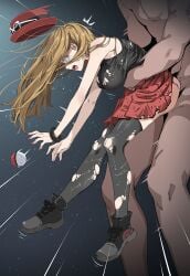 1boy black_background black_shirt black_shoes black_thighhighs blue_eyes breasts brown_hair clothed_female_nude_male commentary_request dangling_legs female gradient_background hat highres long_hair medium_breasts nude panties pink_panties poke_ball poke_ball_(basic) pokemon pokemon_xy rape red_hat red_skirt serena_(pokemon) sex sex_from_behind shirt shoes skirt standing standing_sex straight thighhighs torn_clothes torn_shirt torn_skirt torn_thighhighs torso_grab tsukishiro_saika underwear unworn_hat unworn_headwear