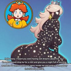 1futa 1girls ai_generated alternate_version_available ass bed big_ass caption cosmic_spirit dirty_talk imminent_sex looking_at_another looking_back mario_(series) nintendo nude nude_female nude_female_clothed_futa princess_daisy princess_rosalina seducing_another seductive sitting subtitled super_mario_galaxy talking_to_another text
