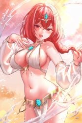 belly_dancer belly_dancer_outfit dancer dancer_outfit detached_sleeves harem_girl harem_outfit jewelry large_breasts loincloth long_hair looking_at_viewer mazzi original original_character red_eyes red_hair