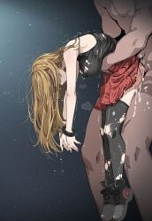1boy 1girls black_background black_legwear black_shirt black_shoes black_thighhighs breasts brown_hair clothed_female_nude_male clothing commentary_request cum cum_in_pussy cum_inside dangling_legs female from_behind gradient_background highres long_hair male medium_breasts nude panties penetration pink_panties pokemon pokemon_xy rape red_skirt serena_(pokemon) sex sex_from_behind shirt shoes skirt standing standing_sex straight suspension thighhighs torn_clothes torn_shirt torn_skirt torn_thighhighs torso_grab tsukishiro_saika underwear vaginal_penetration