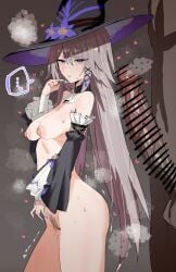 1boy blush breasts dark_skin detached_sleeves female female_pubic_hair gigantic_penis hair_ornament hat herta_(honkai:_star_rail) highres honkai:_star_rail honkai_(series) horn/wood medium_breasts nude penis pubic_hair steam steaming_body sweat the_herta_(honkai:_star_rail) thighs ugly ugly_bastard witch_hat