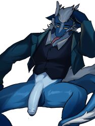 2024 2_horns 3:4 anthro balls bedroom_eyes biped black_eyes blue_body bottomless clothed clothing countershading dragon erection fur furred_dragon furred_scalie genitals hair hand_on_head hi_res horn humanoid_genitalia humanoid_penis jacket jaybeyyy looking_at_viewer male mythological_creature mythological_scalie mythology narrowed_eyes penis penis_base scalie seductive simple_background solo spread_legs spreading tail tail_mane tongue tongue_out topwear vest white_background white_body white_countershading white_hair yellow_sclera