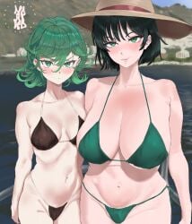 2girls breasts female female_focus female_only fubuki_(one-punch_man) large_breasts light-skinned_female light_skin meme meme_reference mother_daughter_boob_envy_(meme) noriko_(ni_noriko) one_punch_man sisters small_breasts swimsuit tatsumaki thick_thighs thighs wide_hips