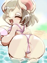 3:4 anthro ball beach_ball big_ears biped blush brown_hair caravan_stories clitoral_hood clitoris closed_eyes clothing cricetid digital_drawing_(artwork) digital_media_(artwork) diru female genitals gessy glistening glistening_water hair hamster hi_res ineffective_clothing inflatable inner_labia light light_beam light_blush looking_back malma mammal open_mouth open_smile outside partially_submerged rear_view rodent shortstack shortstack_female smile solo sunlight sunny swimwear translucent translucent_clothing urethra vulva water