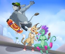 2026 6:5 animal_genitalia animal_penis anthro areola asinus balls big_balls breasts dessert donkey equid equine equine_genitalia equine_penis felid feline female food genitals group hi_res ice_cream lizard lonbluewolf male mammal nipples penis reptile scalie skateboard trio vehicle vulva