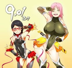 2girls big_breasts black_eyes black_hair boruto:_naruto_next_generations breasts cosplay female female_only glasses green_eyes huge_breasts igawa_sakura_(cosplay) large_breasts leotard milf mizuki_yukikaze_(cosplay) mother_and_daughter multiple_girls name_connection naruto pink_hair sakura_haruno sarada_uchiha short_hair simple_background small_breasts sunahara_wataru taimanin_(series) taimanin_asagi voluptuous