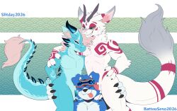 abstract_background absurd_res animal_genitalia anthro ass battouga-sharingan blue_body blue_fur breasts butt_grab canid canine cheek_spikes claws connor_the_gaomon countershade_torso countershading dragon facial_spikes finger_claws fur genital_slit genitals green_eyes group hand_on_butt head_tuft hi_res inner_ear_fluff male male/male mammal mith_(mith) mythological_creature mythological_scalie mythology nude pattern_background penis penis_tip purple_eyes scalie simple_background smile snout spikes spikes_(anatomy) tail tail_tuft tiesci tongue tongue_out trio tuft white_body white_fur wingless_dragon