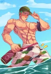 1boy alcoholic_drink bandana_around_arm bara bara_tiddies bara_tits barazoku beefy big_bulge bigger_male broad_shoulders bulge bulge_under_clothes cap earrings embarassed erection gay green_hair green_pubic_hair handsome_man horny horny_male hunk japanese_male looking_at_penis male male_focus male_only manly masculine_male mizu55 muscles muscular muscular_male ocean one_piece pirate post-timeskip pubic_hair roronoa_zoro scar scar_across_eye scar_on_chest scar_on_face scars scars_all_over sea solo solo_focus solo_male spontaneous_erection tough_guy waves wet yaoi zoro zoro_(one_piece)