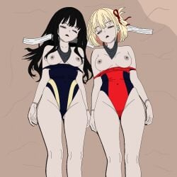 2girls aftermath artist_upload black_hair blindfold_removed blonde_hair blue_one-piece_swimsuit cadaver choysakanto corpse dead dead_female death decomposition died discoloration executed exposed_breasts exposed_nipples extreme_content eyes_half_closed female_death gag_removed horror inoue_takina long_hair lycoris_recoil lying_on_ground ms_paint nishikigi_chisato one-piece_swimsuit pale_skin red_one-piece_swimsuit rigor_mortis rope_marks rotting rotting_flesh self_upload snuff strabismus swimsuit swimsuit_down swimsuit_pull tongue_out