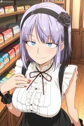 ai_generated blue_eyes breasts dagashi_kashi digitalwaifugallery female female_only flower frills hair_flower hair_ornament hair_ribbon hairband hi_res high_quality high_resolution large_breasts looking_at_viewer patreon purple_hair ribbon ringed_eyes rose seductive sexy shidare_hotaru short_hair skirt smile solo uncensored watermark