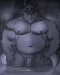 claws disney flaccid_penis greyscale horns male_only muscular muscular_anthro muscular_male one_eye papa_titan_(the_owl_house) rgtick8 skull_head strongfat the_owl_house titan_(the_owl_house)