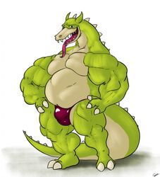 2_toes 3_fingers anthro bulge clothed clothing cuphead_(game) dragon grim_matchstick looking_at_viewer male male_only musclegut muscular open_mouth simple_background slightly_chubby smile solo speedo swimsuit toes tongue tongue_out topless underwear uniparasite