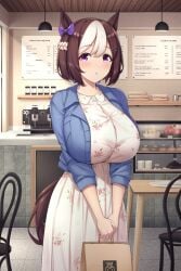 1girls :o aged_up alternate_breast_size animal_ears black_chair blue_jacket bow breasts brown_hair button_gap buttons cafe casual chair dress floral_print flower_dress hairbow hairclip handbag hi_res highres holding horse_ears horse_girl horse_tail huge_breasts indoors jacket kannko_bokujou looking_at_viewer multicolored_hair purple_bow purple_eyes ribbon ribbons short_hair solo special_week_(umamusume) straining_buttons table tail two-tone_hair umamusume umamusume_pretty_derby white_dress white_streak