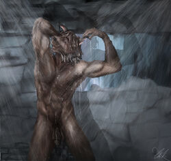 2015 5_fingers abs anthro balls brown_fur brown_hair brown_nose brown_penis closed_eyes eyebrows feline fur hair half-erect hands_behind_head humanoid_penis killian killianwalker lynx male male_only mammal muscular muscular_male nude penis shower showering smile solo standing water wet wet_hair