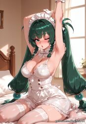 2026 ai_generated anime armpits arms_up bangs bed blush braid braided_hair breasts cleavage crossover dress eye_contact female female_focus female_only flushed garter_straps green_eyes green_hair hair_accessory hair_ornament highres hoyoverse huge_breasts indoors inside large_breasts long_hair looking_at_viewer maid maid_headdress mihoyo nsfw on_bed one_eye_closed patreon qingyi_(zenless_zone_zero) rognezart sitting solo stretching thighhighs twin_braids twintails very_long_hair wariza white_thighhighs window wrist_cuffs zenless_zone_zero