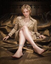 3d 3d_(artwork) aged_up ashley_graham ashley_graham_(ella_freya) bare_legs barefoot blender blonde_female blonde_hair cleavage crossed_legs different_hair_style drayqin feet_focus feet_up jacket looking_at_viewer lying_on_bed necklace patreon patreon_logo patreon_username resident_evil resident_evil_4 resident_evil_4_remake sitting sitting_down tagme tied_hair toes