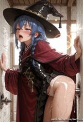 ai_generated bangs blue_eyes blue_hair blush braid cape clothes_lift dildo dress female hat indoors kermixx long_hair male mushoku_tensei object_insertion open_mouth panties roxy_migurdia sex_toy solo tongue tongue_out