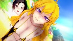 2girls black_hair black_hair_female blonde_female blonde_hair half-dressed half-siblings half-sisters half_naked half_naked_female logang45 long_hair long_hair_female purple_eyes red_highlights ruby_rose rwby silver_eyes yang_xiao_long