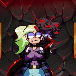 ahoge bare_chest black_hair black_sclera buckled_belt choker clawed_fingers clothed coat curly_hair evil_grin fair_skin glowing_eyes groped groped_from_behind hair_shine heterochromia intimidation manifest_ruvenstain naked_female pale_skin pastel_colors red_eyes red_glow red_light scared scarf striped_sleeves t_shirt teal_skirt tricolor vikimilenna