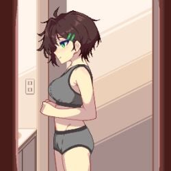 1girls ahoge animated blush boobs_out bouncing_breasts boyshort_panties bra breast_drop breasts_out brown_hair cute female furrowed_brow furumero gif green_eyes hair_intakes hair_ornament hairclip hanekenomichi-chan happy hurumero lifted_by_self lifting_shirt light-skinned_female light_skin original panties pixel_art pressing_breasts_together puffy_nipples short_hair sports_bra sports_panties sportswear taking_clothes_off