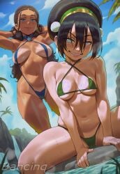 2girls ai_generated avatar_the_last_airbender bancinq big_breasts bikini black_hair blue_eyes breasts brown_hair busty busty_female curvaceous curvy curvy_body curvy_figure dark-skinned_female dark_skin female female_focus female_only green_eyes katara light-skinned_female light_skin long_hair looking_at_viewer only_female tan toph_bei_fong