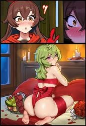 2d 2girls ai_generated amber_(genshin_impact) ass bed bed_frame bed_sheet bedroom blush blushing_at_partner blushing_female bow_ribbon brown_eyes brown_hair candle caught collei_(genshin_impact) comic facing_away feet female female_only flower flowers genshin_impact green_hair headband headwear honkai_(series) leafyviolet looking_back looking_back_at_another looking_back_at_partner medium_ass mostly_nude on_bed purple_eyes red_bow red_pillow red_ribbon ribbon_bondage rose roses soles surprise surprised_expression surprised_face tied_up white_sheets window wrapped wrapped_up