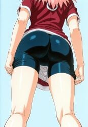 1girls ai-created ai_generated ass ass_focus bike_shorts butt_focus female green_eyes manga_style naruto naruto_(classic) naruto_(series) pink_hair red_shirt sakura_haruno sakura_haruno_(genin) shorts solo woman_only
