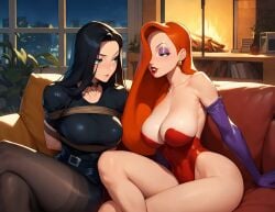 ai_generated bondage character_request couch dress gag gloves improvised_gag jessica_rabbit lesbian_couple massive_breasts no_sound tagme tape_gag taped_mouth video