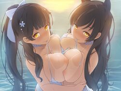 2girls animal_ears atago_(azur_lane) atago_(summer_march)_(azur_lane) azur_lane bikini black_hair blush breast_press breasts cat_ears choker female female_only large_breasts light-skinned_female light_skin long_hair looking_at_viewer mole mole_under_eye mouth_hold multiple_girls nipples nose_blush ocean one-piece_swimsuit outdoors papino ponytail sakura_empire_(azur_lane) seductive_smile smile sunrise swimsuit symmetrical_docking takao_(azur_lane) takao_(beach_rhapsody)_(azur_lane) tan tanline upper_body very_long_hair water white_bikini white_swimsuit yellow_eyes