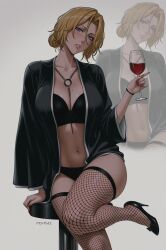 1girls artist_signature beautiful beauty_mark belly belly_button big_breasts black_heels black_panties bleach bleach:_the_thousand-year_blood_war blush blush_lines blushing_at_viewer blushing_female bow bra bracelet breasts cape chair collarbone female female_focus female_only fishnet_legwear fishnet_stockings fishnets gray_eyes hair_bun heels high_heels highres lipstick long_nails matsumoto_rangiku mommy navel necklace panties prixmal red_nails sexy sexy_body sexy_female sexy_pose shading sharp_nails sitting sitting_on_chair thick_ass thick_legs thick_thighs tied_hair wine_glass yellow_eyebrows yellow_hair