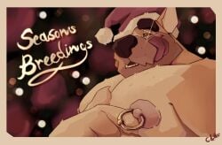 2021 anthro big_moobs brown_eyebrows brown_nose bust_portrait canid canine canis chocolateandmilk christmas christmas_clothing christmas_headwear clothing dated domestic_dog eyebrows fangs fur hat headgear headwear hi_res holidays licking licking_lips licking_own_lips looking_at_viewer male mammal moobs nipple_piercing nipple_ring nipples nude open_mouth orange_body orange_fur overweight overweight_anthro overweight_male piercing pink_nipples portrait red_eyes richard_(chocolateandmilk) ring_piercing santa_hat signature solo sparkles tang teeth tongue tongue_out