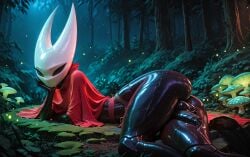1boy ai ai_generated anthro ass cloak cock diffusion femboy forest girly glossy hi_res hornet hornet_(hollow_knight) huge insects lying male mask penis red_cloak red_clothing red_topwear solo stable vessel_(species)