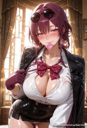 ai_generated bangs blush bow bowtie breasts cleavage condom condom_in_mouth condom_wrapper eyewear_on_head female female_only gloves honkai:_star_rail indoors jacket jacket_on_shoulders kafka_(honkai:_star_rail) kermixx large_breasts long_hair looking_at_viewer mouth_hold panties purple_eyes purple_hair shirt skirt smile solo sunglasses sweat underwear white_panties white_shirt