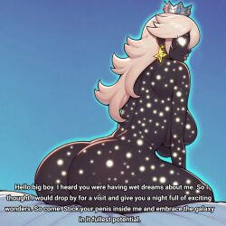 1girls ai_generated alternate_version_available ass bed big_ass caption cosmic_spirit imminent_sex looking_at_viewer looking_back mario_(series) nintendo nude nude_female princess_rosalina seducing_viewer seductive sitting solo super_mario_galaxy talking_to_viewer text
