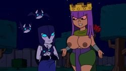1futa 1girls accurate_art_style archer_queen_(clash_of_clans) bats blue_eyes blush clash_(series) clash_a_rama clash_of_clans crown erection_under_clothes futanari huge_ass huge_breasts imminent_sex larger_female leaking_precum night night_witch_(clash_royale) nut-master pale_skin precum precum_through_clothing purple_hair queen screenshot screenshot_edit thick_thighs topless