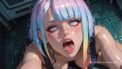 ai_generated bare_shoulders blush bob_cut bottomless breasts cleavage close-up colored_hair crop_top cumming cyberpunk:_edgerunners cyberpunk_2077 female female_only implants kneeling legs_spread loud_moans lucyna_kushinada moaning motion_lines naked open_mouth orgasm pleasure_face rolling_eyes screaming selfie short_hair slim slim_waist tears trembling wet wet_body