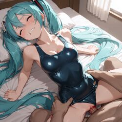 1boy 1girls ai_generated asukasslave bed blood cleavage closed_eyes defloration deflowering fat_male hatsune_miku missionary_position pain school_swimsuit sex tears ugly_bastard virgin virginal_blood
