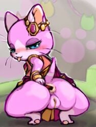 3:4 anthro anus ass bedroom_eyes biped blep blush capcom censored clothed clothing crouching dancer_outfit detailed_background digital_drawing_(artwork) digital_media_(artwork) digitigrade diru dress felid felyne female fur furgonomic_headwear furgonomics genitals hi_res jewelry looking_at_viewer looking_back looking_back_at_viewer lynian mammal monster_hunter mosaic_censorship narrowed_eyes no_underwear pink_body pink_fur presenting presenting_anus presenting_hindquarters presenting_to_viewer presenting_vulva rear_view seductive solo spread_anus spreading stage tongue tongue_out vulva whiskers