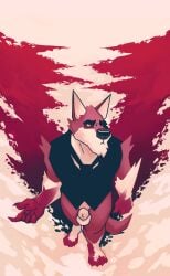 2022 abstract_background accessory animal_genitalia anthro black_clothing black_eyebrows black_necktie black_nose black_topwear black_vest bottomless canid canine canis chin_tuft chocolateandmilk clothed clothing dated eyebrows facial_tuft front_view fully_sheathed fur genitals hi_res looking_at_viewer male male_anthro mammal mouth_closed necktie orange_eyes pupils red_body red_ears red_fur red_tail sheath signature slit_pupils solo standing tail topwear tuft vest white_body white_fur white_inner_ear wolf