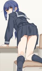 absurdres arm_support ass black_sailor_collar black_serafuku black_shirt black_skirt black_socks blue_hair blush_stickers brown_eyes chair closed_mouth commentary_request desk female from_behind grey_background heavy_breathing highres kneeling knees_together_feet_apart kopaka_(karda_nui) long_sleeves looking_at_viewer looking_back neckerchief no_panties no_shoes on_chair original pleated_skirt puffy_long_sleeves puffy_sleeves pussy_juice ribbed_socks sailor_collar school_chair school_desk school_uniform serafuku shirt simple_background skirt socks soles solo thighs wavy_mouth white_neckerchief