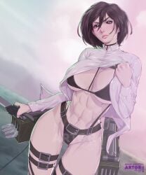 1girls abs arttoru athletic_female attack_on_titan black_hair bra breasts female female_only human human_only leg_band leg_belt mikasa_ackerman muscular muscular_female muscular_thighs panties shingeki_no_kyojin short_hair solo thick_thighs thigh_gap underwear